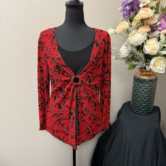 Brittany Black Tops - Brittany Black Red Black Floral Tie Front Ring Accent Cardigan Top Medium